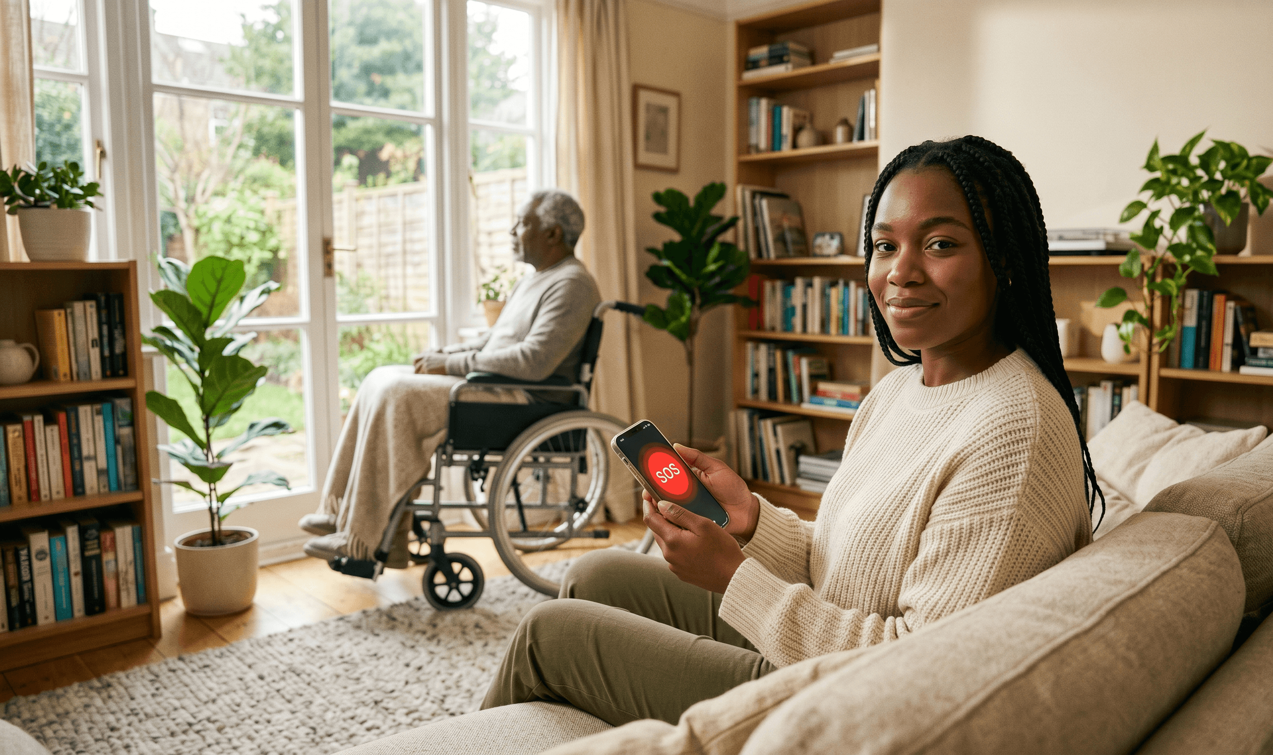 A woman holding a phone with an SOS button, with an elderly man in a wheelchair in the background